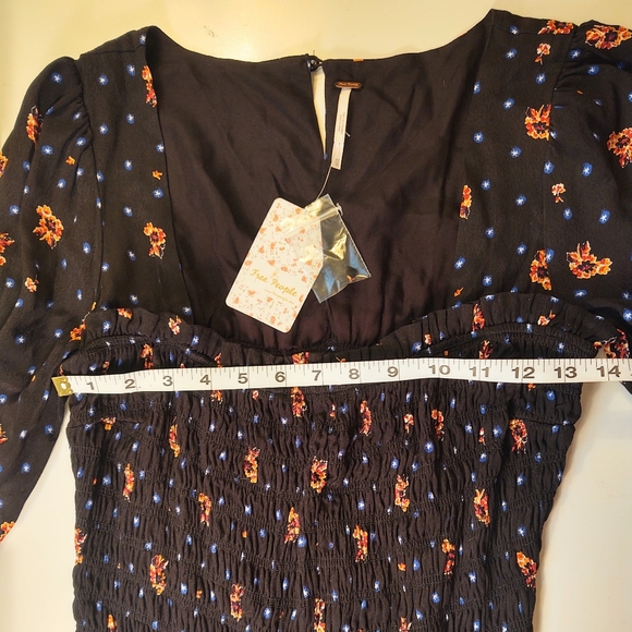 NWT FREE PEOPLE Black Floral Star Pattern Smocked Bodice Mini Dress Size XSmall - Picture 9 of 13